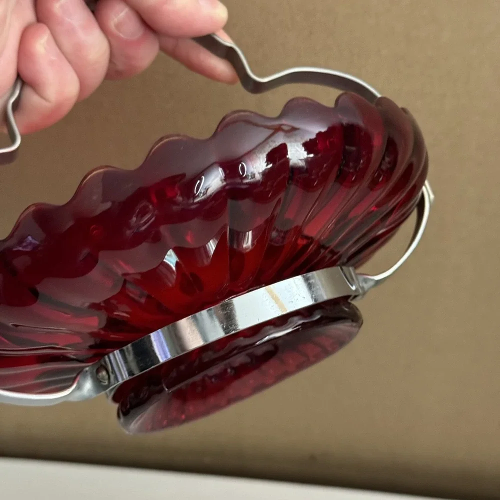 Imperial Glass Red Pillar Flutes Relish Sea Food Bowl‎ w/ Metal Handle Antique
